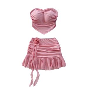 Verdusa Women's 2 Piece Outfits 3D Flower Ruched Crop Tube Top with Ruffle Mini Skirt Y2k Vacation Sets Large