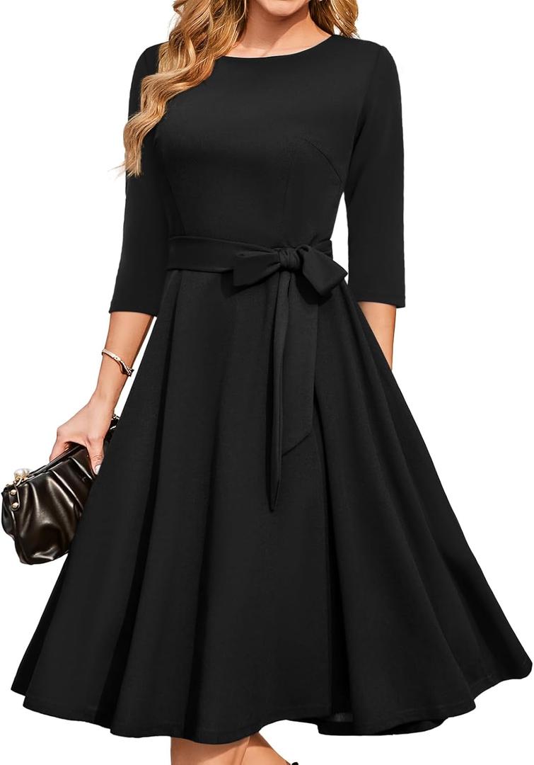 DRESSTELLS Black Dress Women for Cocktail Tea Party, Formal Wedding Guest 3/ 4 Long Sleeve Church Mother of The Bride Prom Evening Gown Gala Modest Funeral Dresses, Plus Size 2XL