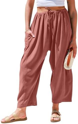 TARSE Womens Linen Wide Leg Pants Casual Loose Drawstring Summer Beach Travel Vacation Palazzo Harem Pants with Pockets Large