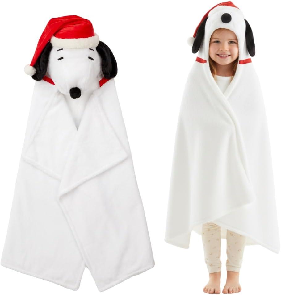 Peanuts Snoopy Santa Hat Hooded Throw - Kids Holiday Christmas Bedding Super Soft Throw Blanket - 30 in x 50 in, (Officially Licensed Product) by Franco (Light Blue)