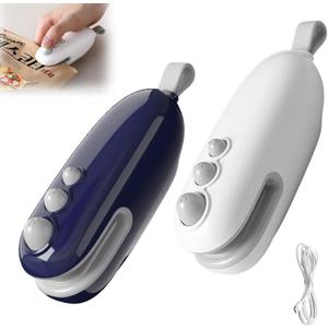Mini Bag Sealer with Cutter and Magnet,Vacuum Sealer Bags for Food,Bag Resealer,2 in 1 Rechargeable Food Bag Sealer,Chip Heat Sealer for Plastic Bag Snack Bag Food Storage (White+Blue)