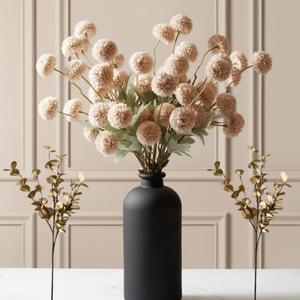 Artificial Flowers for Vase - Beige Silk Mums 10 Long Stems with Eucalyptus, Faux Flowers Home Decor, Neutral Tan Cream Floral Arrangement, Fake Chrysanthemum Pom Pom Stems, Spring Fall Centerpiece