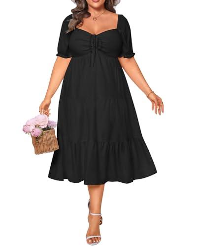 Talisea Plus Size Summer Dresses Black Casual Milkmaid A Line Tiered Boho Flowy Midi Curvy Women Wedding Guest Dress 2025, 24 W
