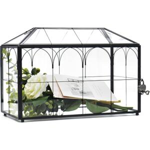 LargeBlack and Glass Card Box for wedding with Lock and Slot - Wedding Envelope Card Holder for Reception Clear Lock Box with Key Geometric Handmade Vintage Card Box for Wedding Party (Large-Black)