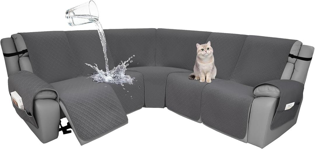 Velvet 1OO% Waterproof Reclining Sectional Couch Covers for Sectional Sofa L Shape 7-Piece Quilted Corner Recliner Sofa Cover Slipcovers Set Washable (5 Seater, Dark Grey)