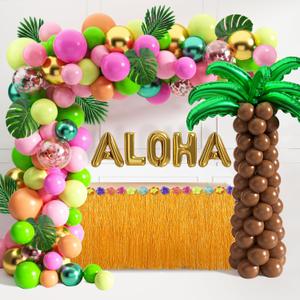 Tropical Luau Balloons Arch Garland Kit Luau Party Decorations with Palm Leaves Flamingo Palm Tree Aloha Foil Balloon Coconut Balloons Set for Tropical Hawaiian Flamingo Party (Aloha-A)