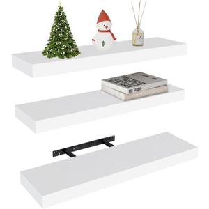 Vervida White Floating Shelves for Wall, 24" Rustic Wood Deep Wall Mounted Shelves with Invisible Brackets for Decor & Storage, Floating Shelf for Living Room, Bathroom (Set of 3)
