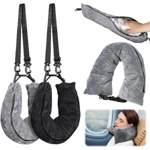 2Pcs Stuffable Travel Pillow, Velvet Travel Neck Pillow Stuffed with Clothes Storage, Fits About 6 T-Shirts Travel Essentials Multifunctional Sleeping Rest Cushion, No Filler (Black and Gray)