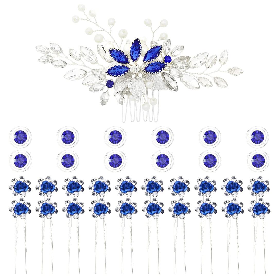 inSowni 33 Pack Royal Blue Rhinestone Pearl Crystal Leaf Flower Bridal Hair Side Combs+Spiral Gems Hair Clips+U Shaped Hair Pins Wedding Headpieces Accessories for Women Girls Brides Bridesmaids