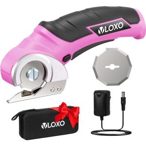 VLOXO Cordless Electric Scissors, Rechargeable Rotary Cutter for Cardboard Leather Fabric Plastic Canvas with Safety Lock, Multi-Purpose Cutting Tool with Replacement Blades and Charger (Pink)