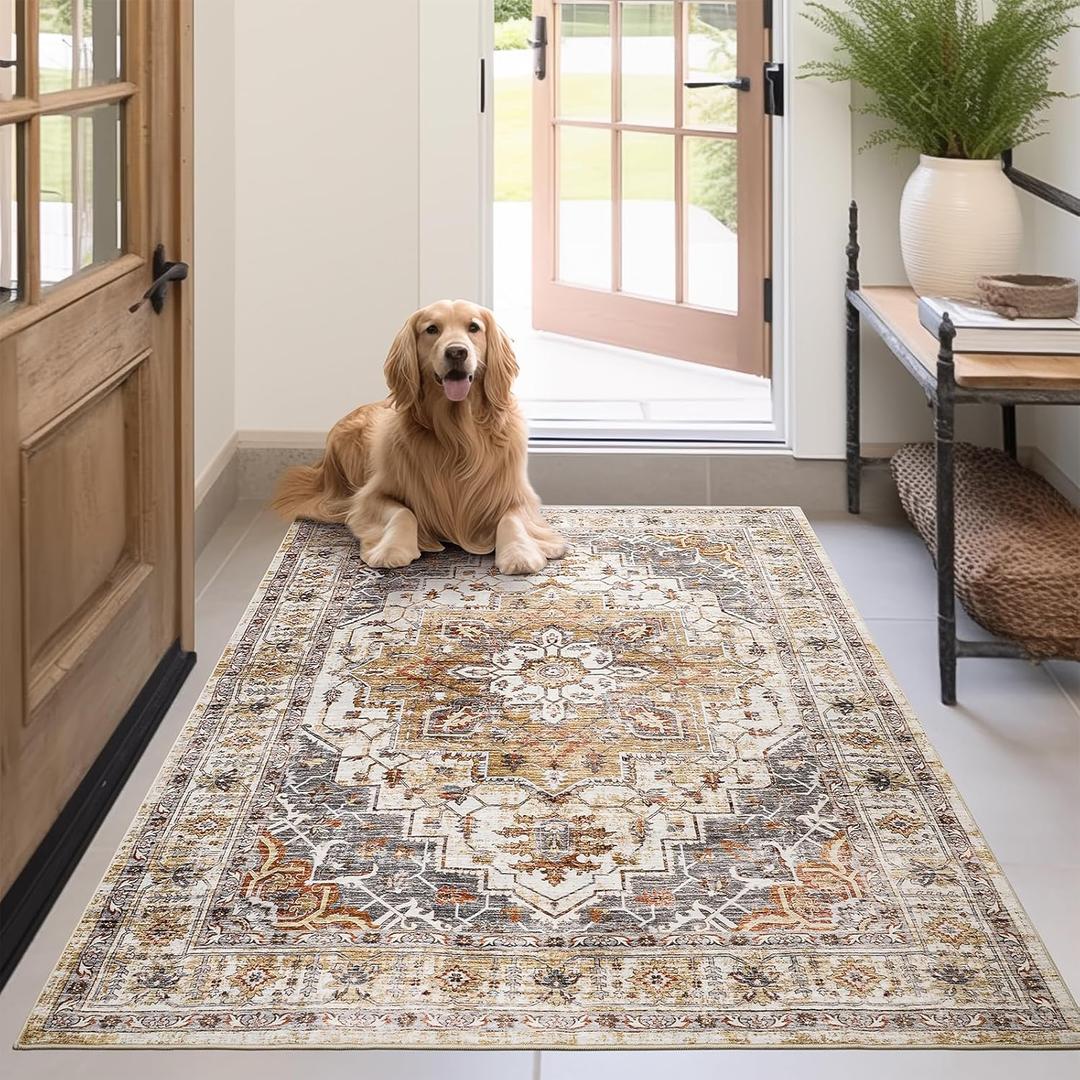 Madane Area Rug 3x5, Washable Vintage Entryway Rugs for Bedroom Non Slip Indoor Kitchen Runner for Living Room Laundry Room Playroom Soft Non-Slip Floor Carpets, Turmeric/Grey