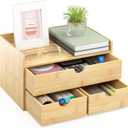 Wisuce Bamboo Desk Organizer - Mini Bamboo Desk Drawer Tabletop Cosmetic Storage Organization for Office or Home (Nature 3 Drawers)