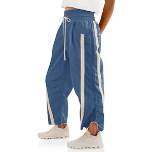 Fisoew Women's Baggy Wide Leg Pants Casual Drawstring Elastic Waisted Contrast Color Workout Y2K Track Pants S
