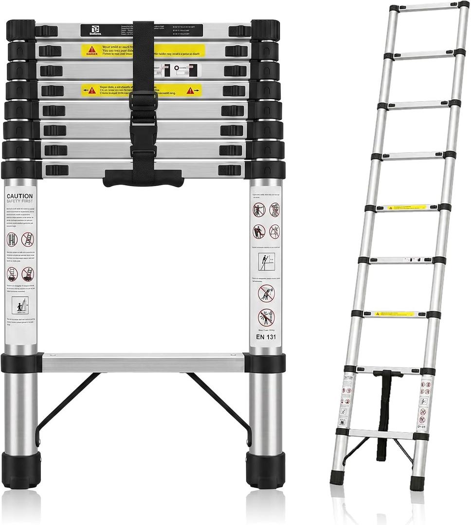 8.5FT Telescoping Stainless Steel Anti-Wobble Extension Ladder, 330lbs Heavy Duty Collapsible Ladder, One-Button Slow Retraction Portable Folding Ladder for Home, Attic, RV