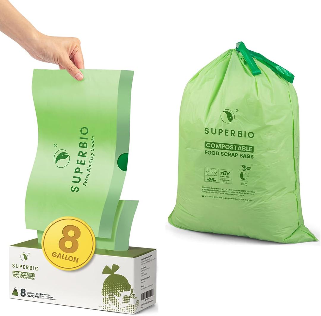 SUPERBIO 8 Gallon Compostable Drawstring Kitchen Waste Bags,30.3 Liter, 30 Count, 1 Mil,Heavy Duty Food Waste Bags, BPI, Seedling and OK compost INDUSTRIAL SUPERBIO 8 Gallon Compostable Drawstring Kitchen Waste Bags,30.3 Liter, 30 Count, 1 Mil,Heavy Duty Food Waste Bags, BPI, Seedling and OK compost INDUSTRIAL
