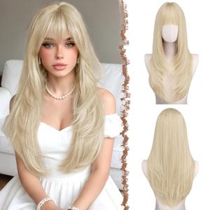 FESHFEN Straight Sleek Layered Wig with Bangs for Women - Natural Synthetic Long Hair Wig for Daily Party Use 24 Inch