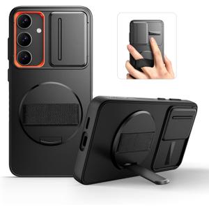 SURITCH for Samsung Galaxy S24 Case with 360 Rotatable Hand Strap Phone Grip & Invisible Kickstand & Slide Camera Cover, Rugged Shockproof Protective Cover for S24 -Black