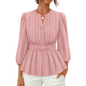 ZESICA Women's 2026 Fall Babydoll Peplum Tops V Neck Puff 3/4 Length Sleeve Shirts Dressy Casual Blouses (Pink, S)