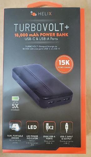 Helix TurboVolt+ 18,000 mAh Power Bank with USB-C and USB-A Ports - Black