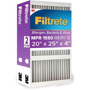 Filtrete 20x25x4 Air Filter MERV 12, MPR 1550 Certified Asthma & Allergy Friendly 2-Pack, Fits Honeywell & AprilAire, AC Furnace HVAC Filters, Pleated Electrostatic (Actual Size 19.88x24.63x4.31 in)