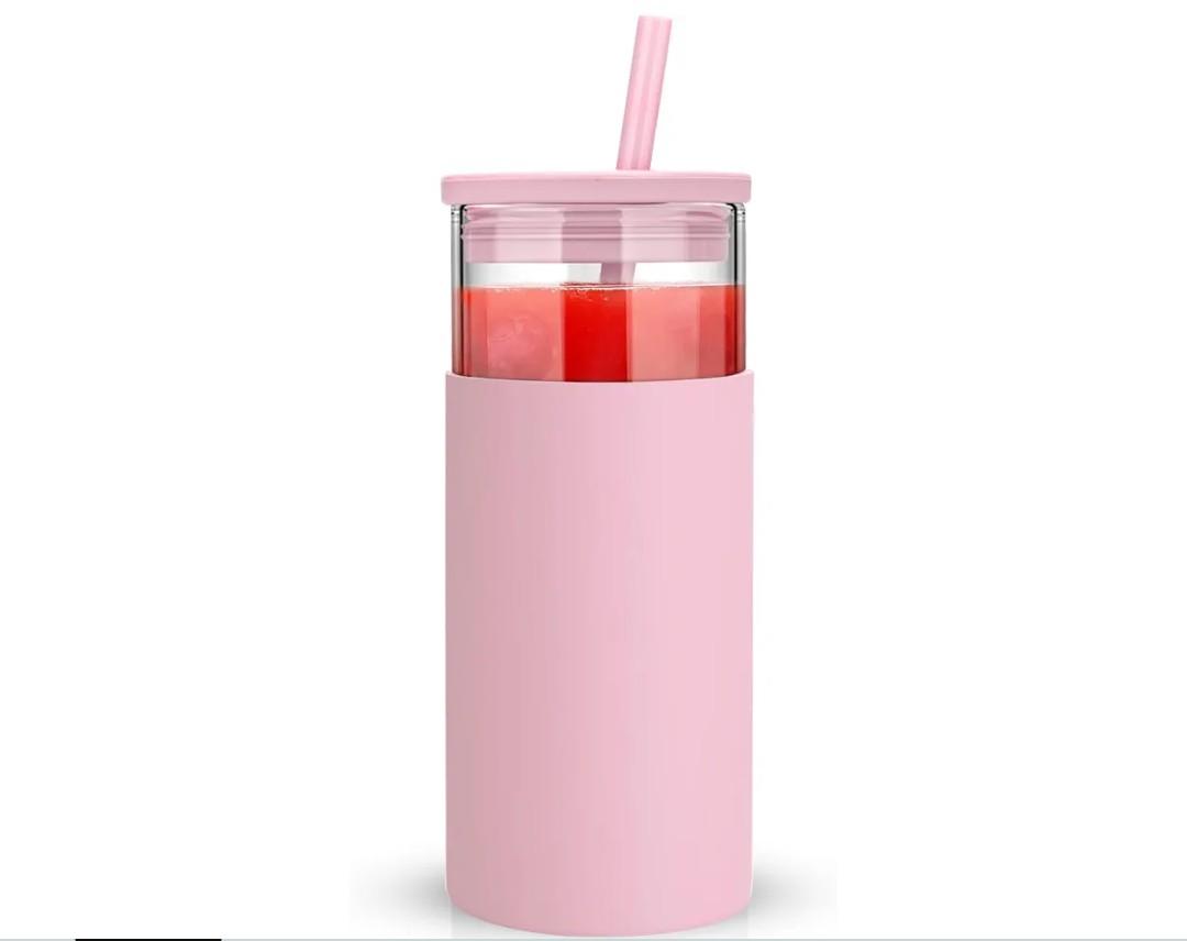 Tronco 20 oz Glass Tumbler With Lids and Straws, Reusable Smoothie Cups With Silicone Lid, Iced Coffee Cup With Silicone Protective Sleeve, Dishwasher Safe- BPA Free（Pink1 Count）