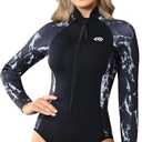 Wetsuit Women 3mm Neoprene, Shorty Wet Suit for Women Cold Water Swimming Long Sleeve Diving Suits with Front Zipper UV Protection for Swimming Diving Snorkeling (Large, Sea Wave)