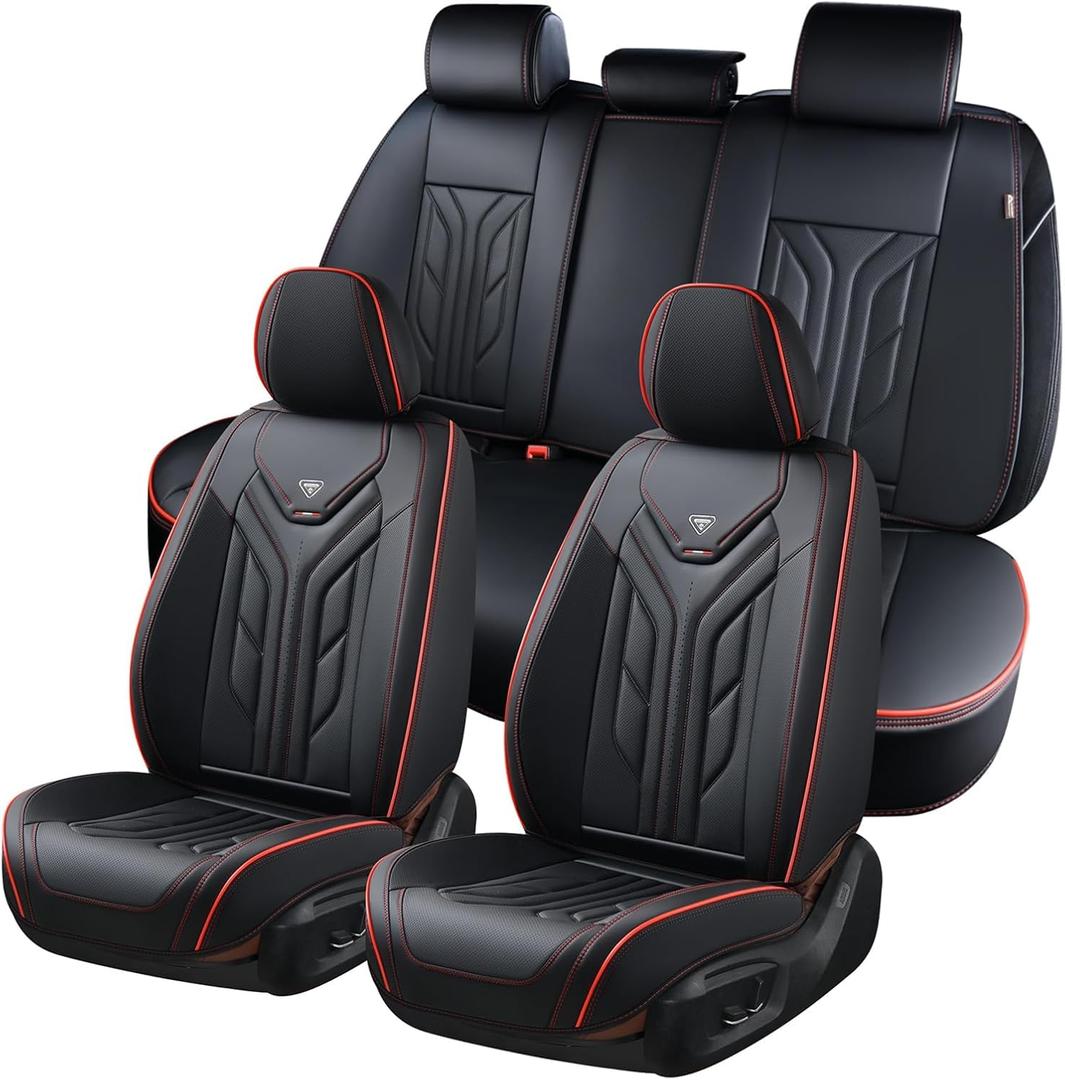 Coverado Seat Covers, Car Seat Covers Full Set, Leather Seat Covers for Cars, Automotive Seat Covers Car Seat Protector Car Accessories Fit for Most Sedans SUV Pick-up Truck(Black&Red)