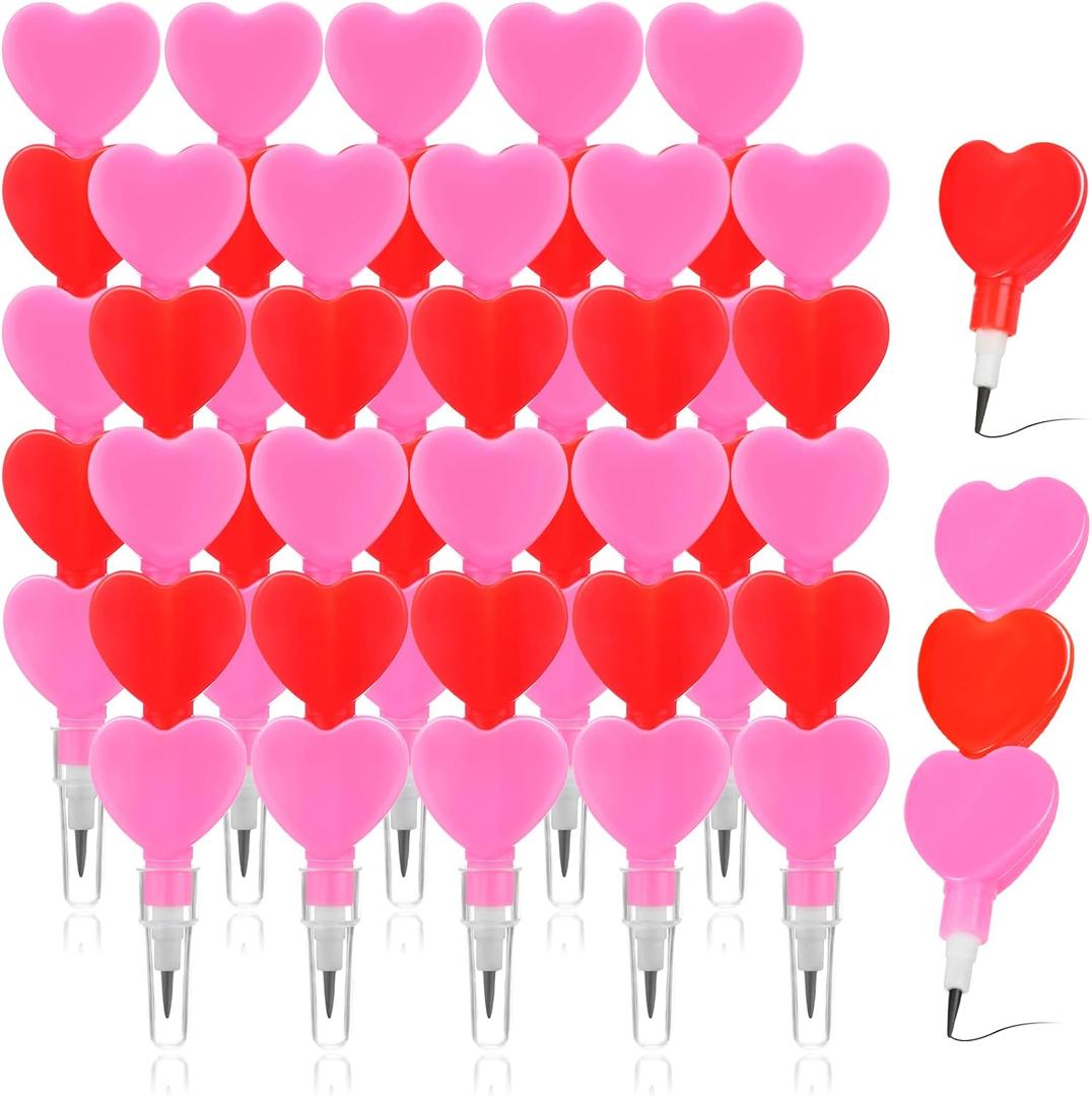 Chinco 48 Pieces Valentine Pencils Heart Stackable Plastic Heart Stacking Colored Pencils for Kids Red Pink Stacking Point Kids Birthday Party Supplies School Fun Equipment