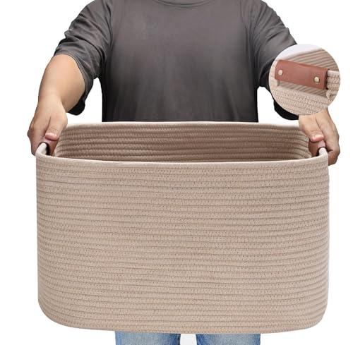 Large Cotton Rope Storage Basket with Leather Handles, Laundry Hamper Basket, 20 "L x 14" W x 12 "H, Durable & Stylish Organizer for Home.(Large Khaki)