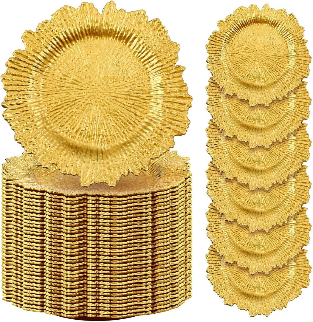 Tanlade 100 Pcs Reef Charger Plates Bulk 13 Inch Plastic Wedding Chargers Floral Decorative Plates with Metallic Ruffled Rim for Wedding Party, Holiday Event Supplies(Gold), Classic Style