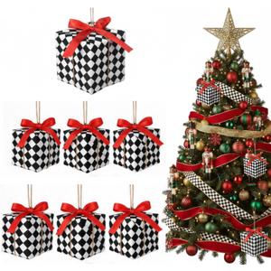 12 Pcs Christmas Black and White Checkered Ornaments 2.36 Inch Checkerboard Buffalo Plaid Box Christmas Tree Ornaments Mini Xmas Presents for Holiday Party Crafts Gift Decorations