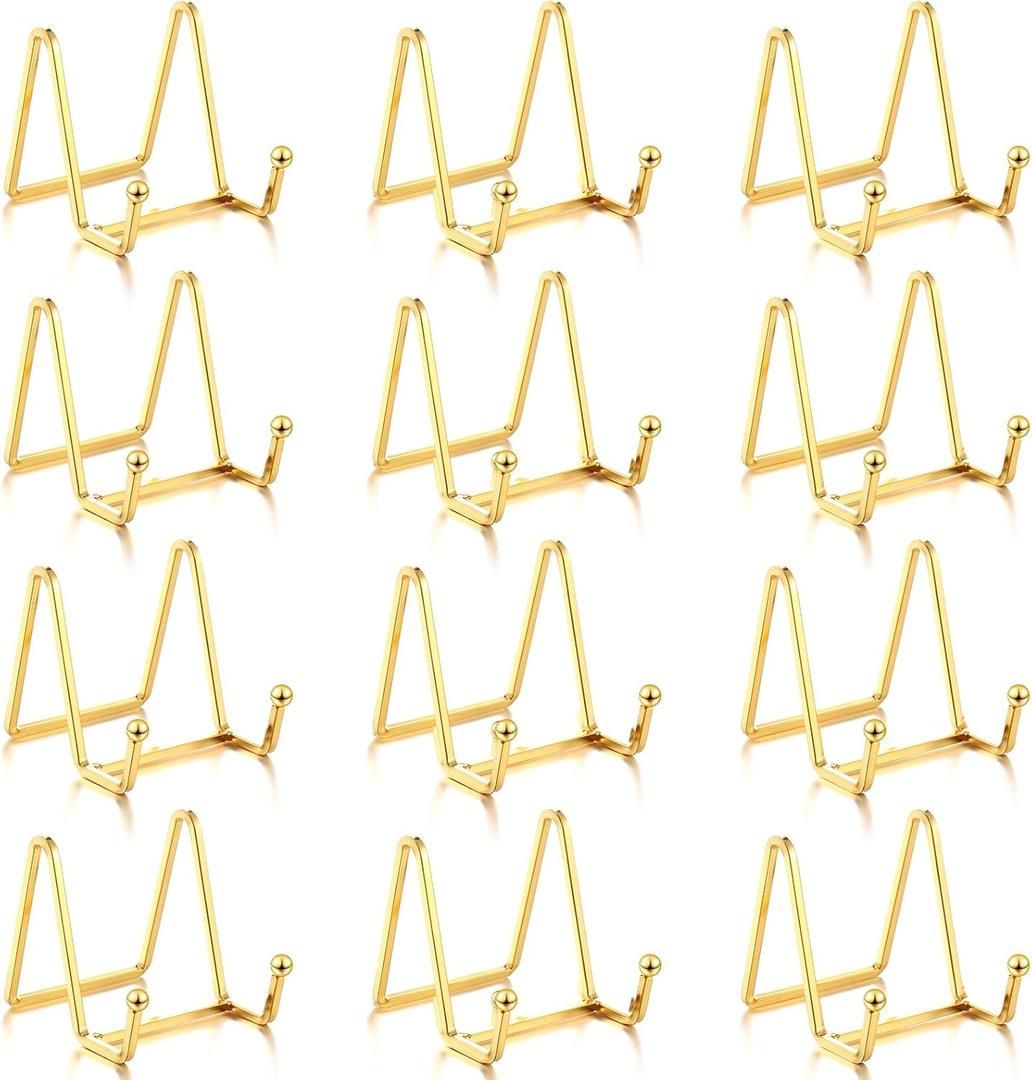 Kenning 12 Pieces Gold Plate Holder Easel Display Stand Metal Book Display Stand Tabletop Picture Frame Holder Photo Square Iron Easel Decorative for Kitchen Office Room Tabletop(3 Inch)