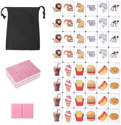 GRACIAS 2 Players Mahjong Block Set, Mahjong Tile Game with 50 Premium Pink Tiles(30mm) Animal and Food Pattern, Portable Mahjongg Set with A Carry Bag