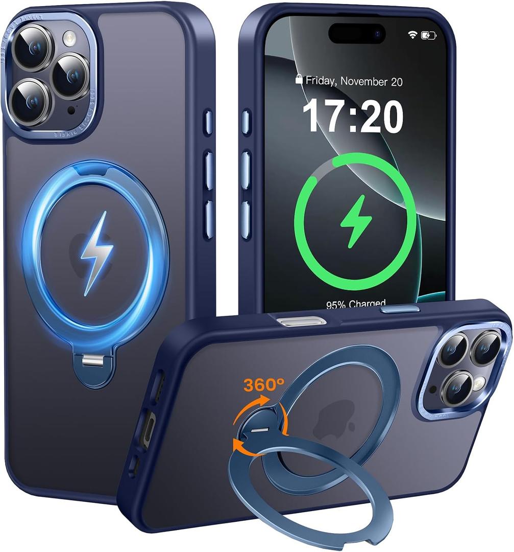 360 Spin Magnetic Stander for iPhone 16 pro max Case [Compatible with Magnetic] [Built-in Kickstand] Mil-Grade Protective, Matte Non-Slip for iPhone 16 pro max Phone Case(Dark Blue)