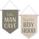 ChissNook Retro Green Boys Nursery Canvas Banner Set of 2, Little Man Cave Long Live Boyhood Hanging Pennant Banner Flags Wall Display, Nursery Wall Decor for Kids Boys Room Bedroom Playroom