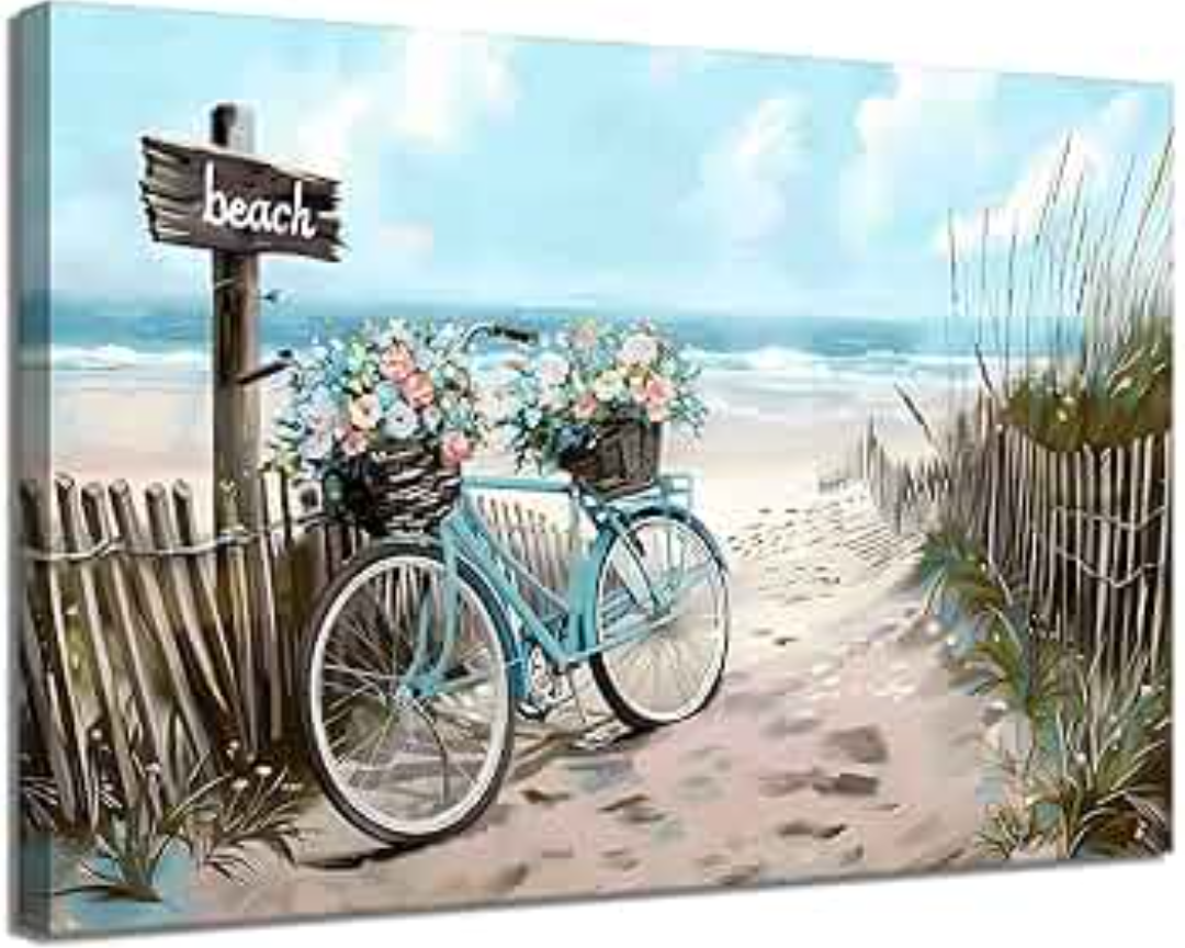 Beach Ocean Canvas Wall Art Seaside Bicycle Seascape Wall Decor Pictures Teal Aqua Blue Calming Shoreside Posters Prints for Modern Coastal Themed Home Decoration Bathroom Room Decoration Pack Of 3