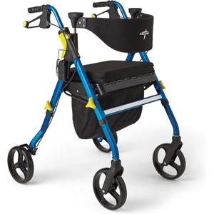 Medline Premium Empower Folding Mobility Rollator Walker with Memory Foam Seat, Black & Blue, 300 lb. Weight Capacity, 8 Wheels, Cupholder, Rolling Walker for Mobility Impairment, Adjustable Handles