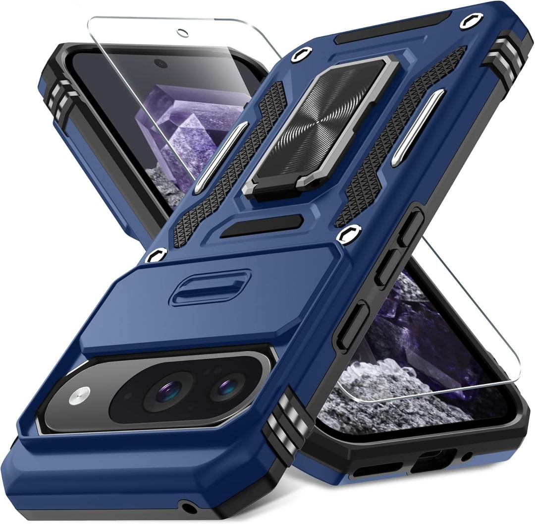 DEERLAMN Case for Google Pixel 9/9 Pro with Slide Camera Cover+Screen Protector(1 Pack), Rotated Ring Kickstand Military Grade Shockproof Protective Cover-Navy Blue