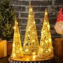 Baquler 3 Pcs LED Lighted Christmas Cone Trees Christmas Tree Ornament Gold Glittered Battery Operated Christmas Decoration Xmas Table Decor for Indoor Home Bedroom Tabletop Centerpiece Holiday Party