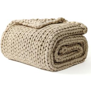 YnM Cotton Weighted Blanket, Handmade Chunky Knitted Design, Soft and Cozy, Temperature Regulating and Breathable, Machine Washable Throw for Sleep or Home Decor (Beige, 60x80 Inch, 25lbs)