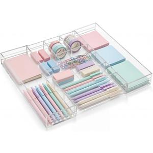 Briwooody 1 Pcs Acrylic Desk Drawer Organizer 9'' up to 17'' x 15'' x 2.1'' Expandable Drawer Organizer Trays with 9 Adjustable Compartments Clear Desk Accessories for Makeup Office Bathroom (Classic)
