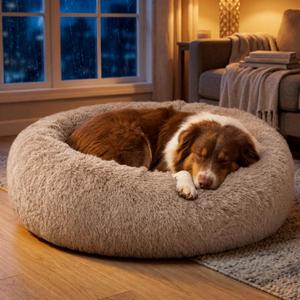 Calming Dog Beds Large Sized Dog Washable Pet Bed,36in
420GSM Plush Fluffy Donut Round,Thick Supportive,Removable Cover,Anti-Slip,Anti-Anxiety,for Big Dogs up to 80 Lbs,Camel