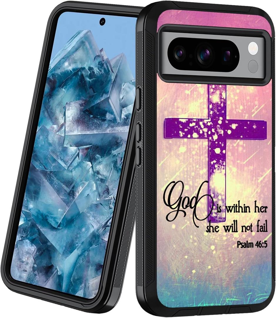 Designed for Google Pixel 8 Pro Case, Heavy Duty 3-Layer Shockproof Dust/Drop Proof Full-Body Rugged Protective Cover for Google Pixel 8 Pro (2023), Christian Cross Bible Verse Psalm 46:5