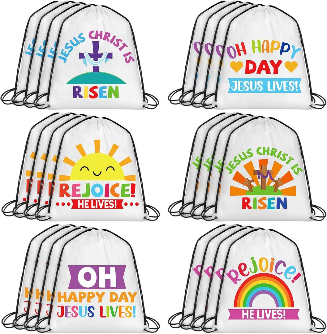 24 Pcs Christian Easter Drawstring Backpack He Lives Drawstring Religious Nativity He Is Risen Christian String Bag for Sunday School Church Classroom Prizes Party Favors Supplies Gift