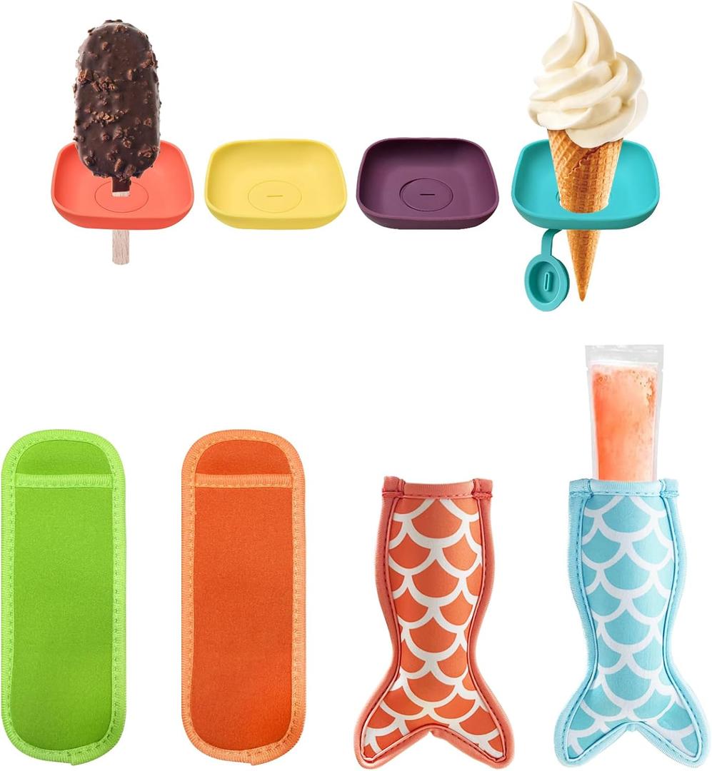 Silicone Popsicle Holder and Sleeves, Reusable Ice Pop Sleeves for Toddlers, No mess Ice Cream Holder for Summer and Birthday Party, Adjustable Clips, Dishwasher Safety, 8pcs, 3-in-1 (4PCS)