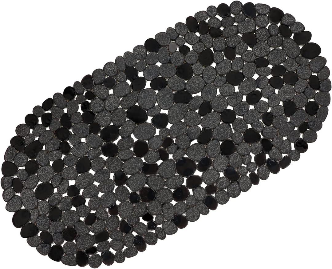 WELTRXE Pebbles Bath Mat for Tub Black Non-Slip Bathtub Mat with Suction Cups, Drain Holes for Bathroom Showers, Tub, Machine Washable, BPA, Latex Free Oval Shower Mats Bath Tub mat, 27 x 14 Inch
