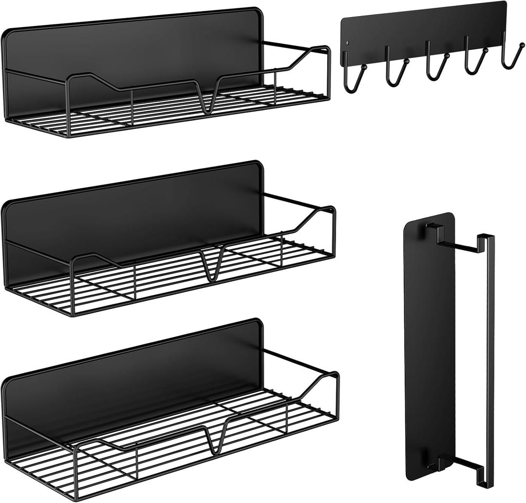 Magnetic Shelves for Washing Machine & Fridge Utentils Rack 5 Pack- Metal Heavy Duty Magnetic Shelf Magnetic Laundry Organizer with Hooks and Towel Holder for Magnetic Laundry Room Storage (Black)