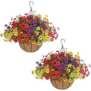 Senjie 2 Set Artificial Hanging Flowers with Basket for Outdoor Decor, UV Resistant 24 Bundles Faux Flowers Fake Hanging Planter for Porch Patio Balcony