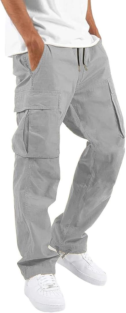 HUNGSON Mens Cargo Pants Drawstring Casual Hiking Pants Joggers Athletic Trousers Cotton Loose Straight Sweatpants for Men (36, Grey)