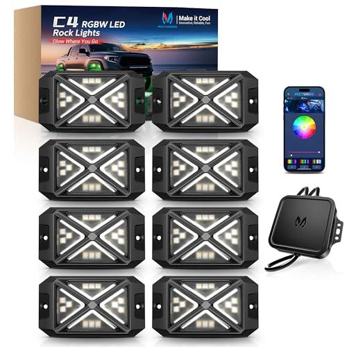 MICTUNING C4 RGBW Rock Lights Kit, 8 Pods 360° Ultra-Bright 4-Sided Wide Beam Angle Underglow Neon Accent Lighting Kit, Microphone Sync with APP Control, IP68 Waterproof